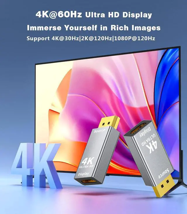 Alt view image 2 of 7 - 1-Pack DisplayPort 1.2 to HDMI 2.0 Adapter (4K@60Hz 1440P/2K@120Hz) Uni-Directional DP (Source) to HDMI (Display) Converter Compatible with PC Desktop AMD NVIDIA and Gaming Monitors