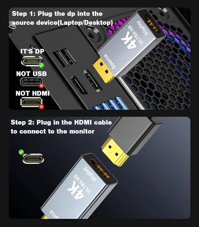 Alt view image 6 of 7 - 1-Pack DisplayPort 1.2 to HDMI 2.0 Adapter (4K@60Hz 1440P/2K@120Hz) Uni-Directional DP (Source) to HDMI (Display) Converter Compatible with PC Desktop AMD NVIDIA and Gaming Monitors