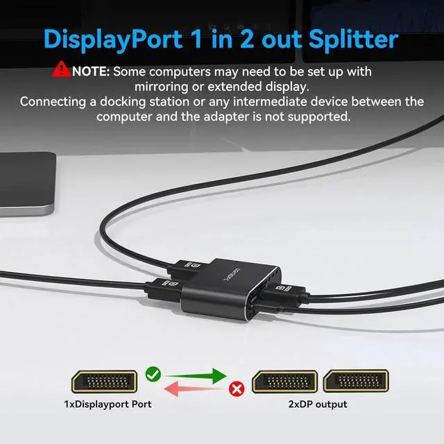 Alt view image 4 of 7 - DisplayPort to Dual DisplayPort Splitter Dual 4K120Hz or 4K144Hz+4K60Hz Extend/Copy Display Adapter SST/MST Display Port Splitter for 2 Monitors (macOS only Supports SST Mode)