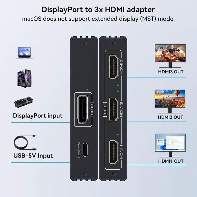 Alt view image 3 of 7 - DisplayPort to HDMI Splitter for Multi Monitor Adapter,4K@60Hz DisplayPort Splitter 1 in 3 Out for 3 Monitor HDMI Support Extended Mode on Windows for DP 1.4 Devices Only