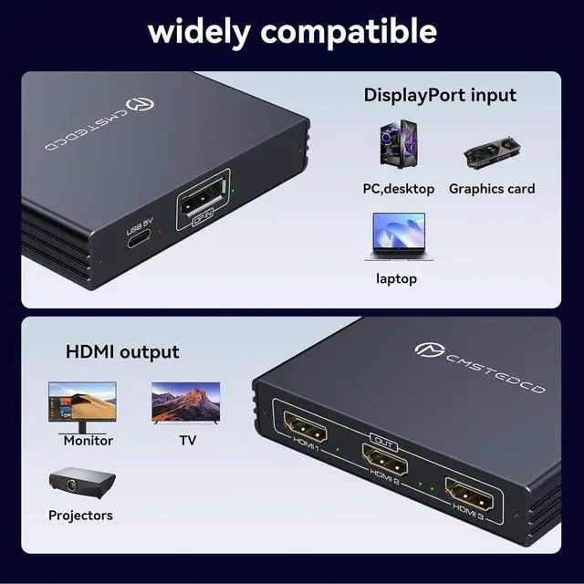 Alt view image 7 of 7 - DisplayPort to HDMI Splitter for Multi Monitor Adapter,4K@60Hz DisplayPort Splitter 1 in 3 Out for 3 Monitor HDMI Support Extended Mode on Windows for DP 1.4 Devices Only