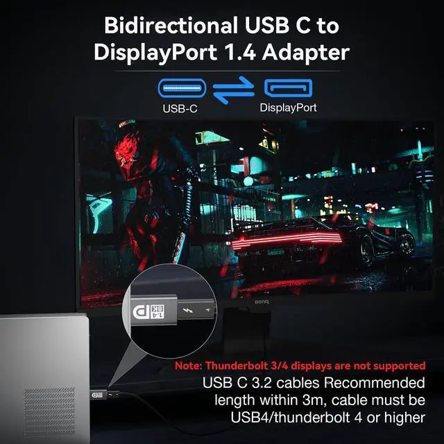 Alt view image 2 of 7 - 8K@60Hz USB C to DisplayPort 1.4 Adapter Bidirectional Type C to Display Port Adapter Thunderbolt 3/4 to DP Converter Compatible with MacBook Phone 16/15 iPad Pro  Galaxy /HP//