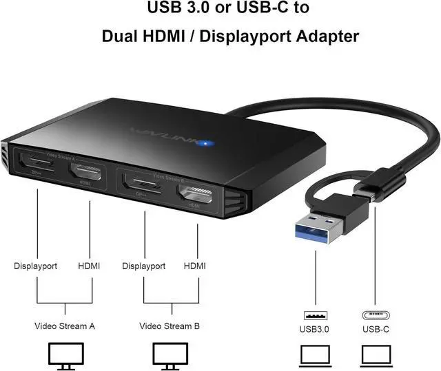 Alt view image 2 of 7 - USB 3.0/USB C to DisplayPort and HDMI Adapter Displaylink Dual 4K@60Hz Monitor Hub for M1/M2 MacBook  HP Surface  Compatible with Windows and Mac-Black