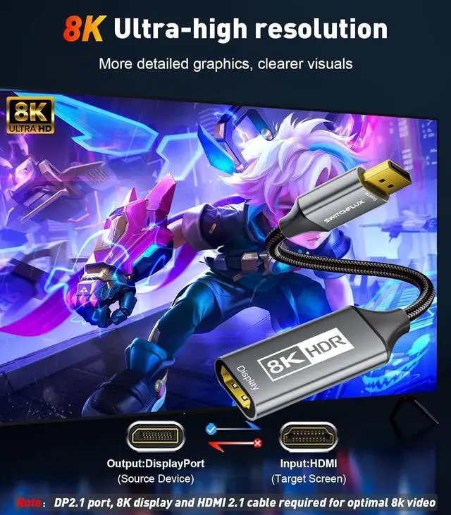 Alt view image 2 of 7 - 8K DisplayPort 1.4 to HDMI 2.1 Adapter [4K@120Hz 2K@165Hz] Uni-Directional DP Source to HDMI Display Converter Display Port for AMD/NVIDIA Cards PC (Not Compatible with PS5)