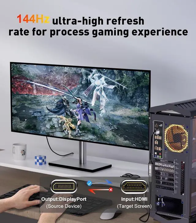 Alt view image 4 of 7 - 8K DisplayPort 1.4 to HDMI 2.1 Adapter [4K@120Hz 2K@165Hz] Uni-Directional DP Source to HDMI Display Converter Display Port for AMD/NVIDIA Cards PC (Not Compatible with PS5)