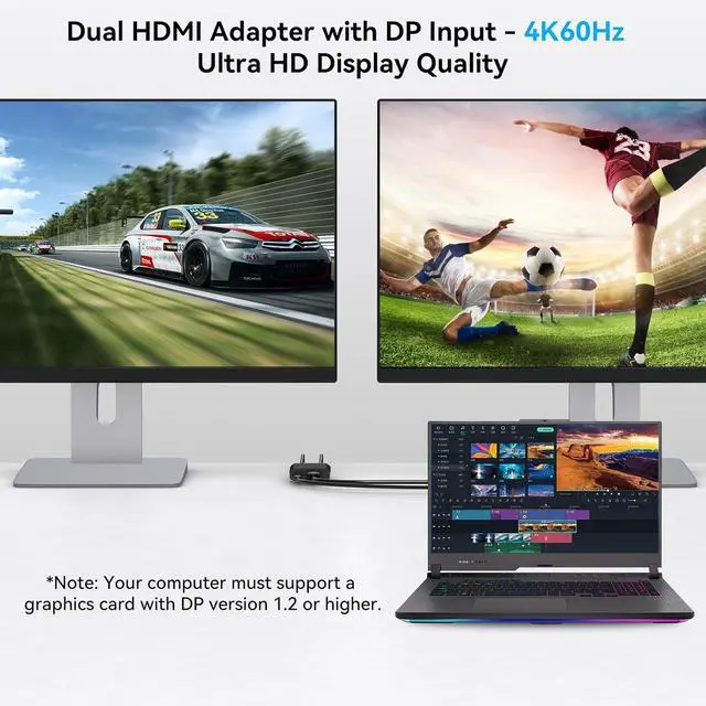 Alt view image 3 of 7 - 4K@60Hz Displayport to Dual HDMI Adapter Display Port to 2 HDMI Splitter Extended for Double Screen DisplayPort 1.2 to 2HDMI Dongle for Computer Graphics Cards Support MST & SST Mode