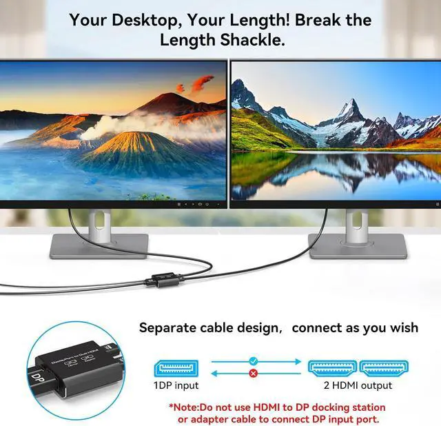 Alt view image 5 of 7 - 4K@60Hz Displayport to Dual HDMI Adapter Display Port to 2 HDMI Splitter Extended for Double Screen DisplayPort 1.2 to 2HDMI Dongle for Computer Graphics Cards Support MST & SST Mode