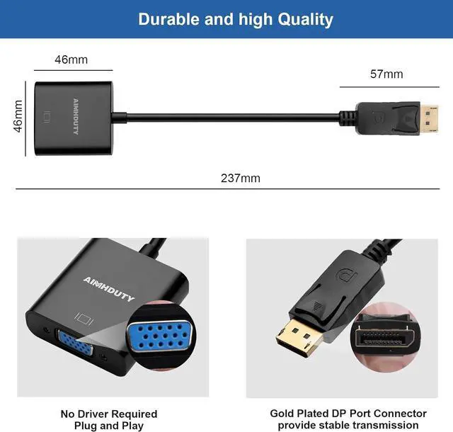 Alt view image 4 of 7 - Displayport to VGA Adapter Gold Plated DP Male to VGA Female Converter Compatible with Computer Desktop Laptop PC Monitor Projector HDTV