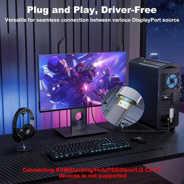 Alt view image 2 of 7 - Active DisplayPort to HDMI Adapter (8K 60Hz) Uni-Directional DP 1.4 to HDMI 2.1 Adapter Male to Female Support HDR for Monitor Graphics Card PC (Black)