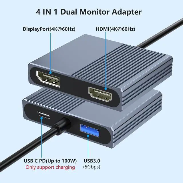 Alt view image 2 of 7 - USB C to HDMI and DisplayPort Adapter, 4K @60Hz Dual Monitor Adapter for Dell/HP/Mac Laptops, USB Type C to Display Port and HDMI Multiport with USB3.0/PD, USB C Hub, Docking Station Dual Monitor