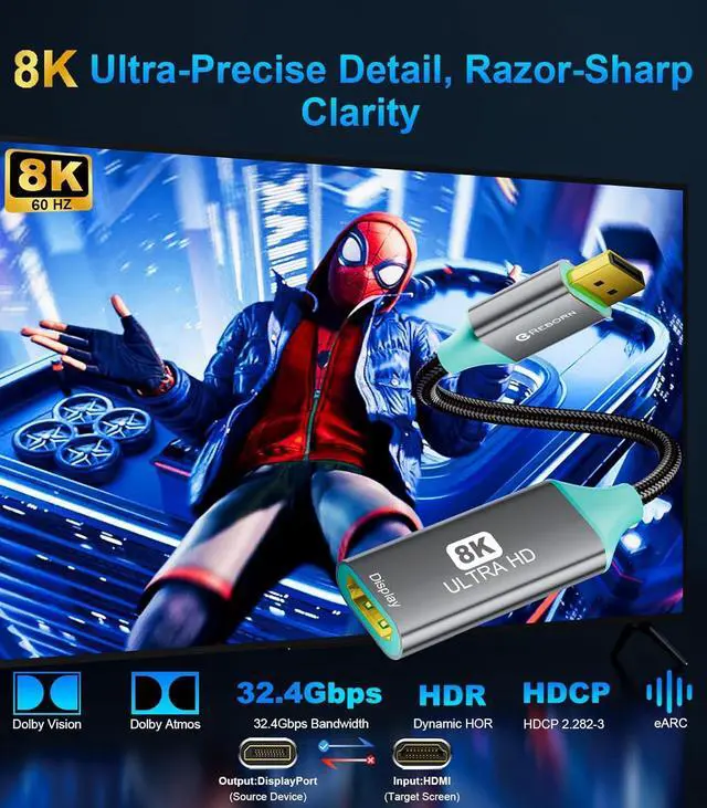 Alt view image 2 of 7 - DisplayPort 1.4 to HDMI 2.1 Adapter 8K@60Hz/4K@120Hz Unidirectional DP Male to HDMI Female Converter Display Port Adapter for PC RTX/AMD Card