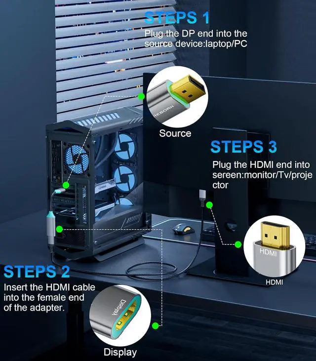 Alt view image 6 of 7 - DisplayPort 1.4 to HDMI 2.1 Adapter 8K@60Hz/4K@120Hz Unidirectional DP Male to HDMI Female Converter Display Port Adapter for PC RTX/AMD Card