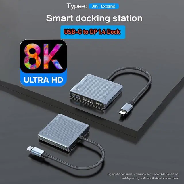Alt view image 6 of 7 - USB C to DisplayPort Multiport Adapter Dock 3-in-1 Type C Hub with 1xDP 1.4 + 1xUSB 2.0 + 1xPD Charging Port(Type C) 8K 60Hz/ 100W PD/DP ALT Mode Supported
