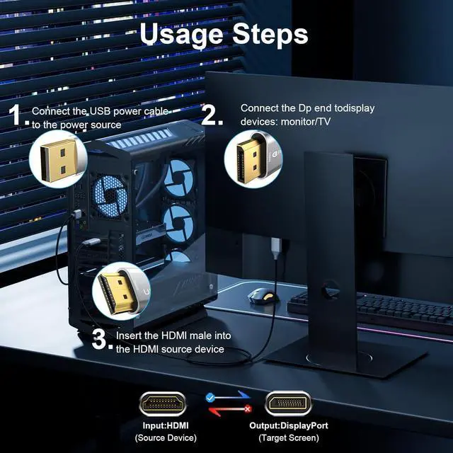 Alt view image 7 of 7 - Active HDMI to DisplayPort Cable (4K 60Hz 1080p@120Hz) 6FT Uni-Directional HDMI Source to DP Monitor Adapter Display Port Cord Compatible with PC Laptop AMD NVIDIA PS5 Xbox