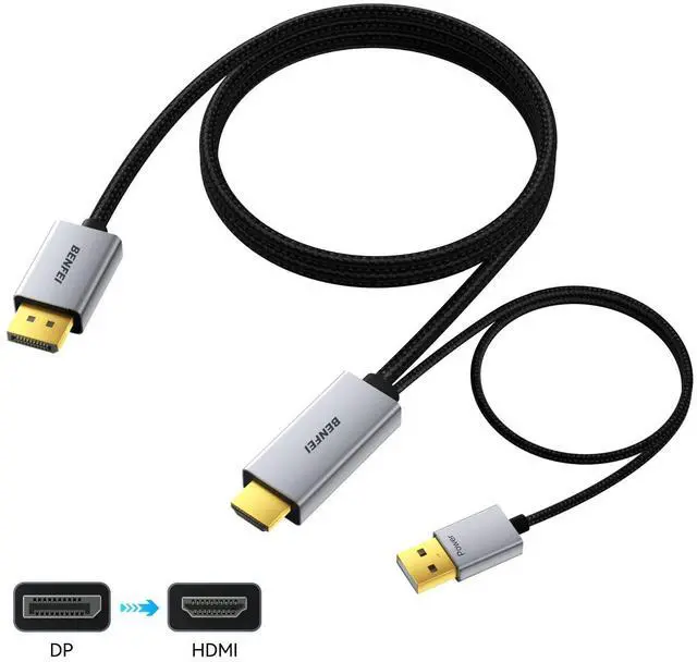 Alt view image 2 of 7 - DisplayPort 1.4 to HDMI 2.1 6 feet Cable 8K@60Hz 4K@240Hz/165Hz/144Hz/120Hz Unidirectional DP (Source) to HDMI (Display) with USB 5V/1A Power Supply Support HDR/DSC/HDCP 2.3 for AMD NVIDIA PC