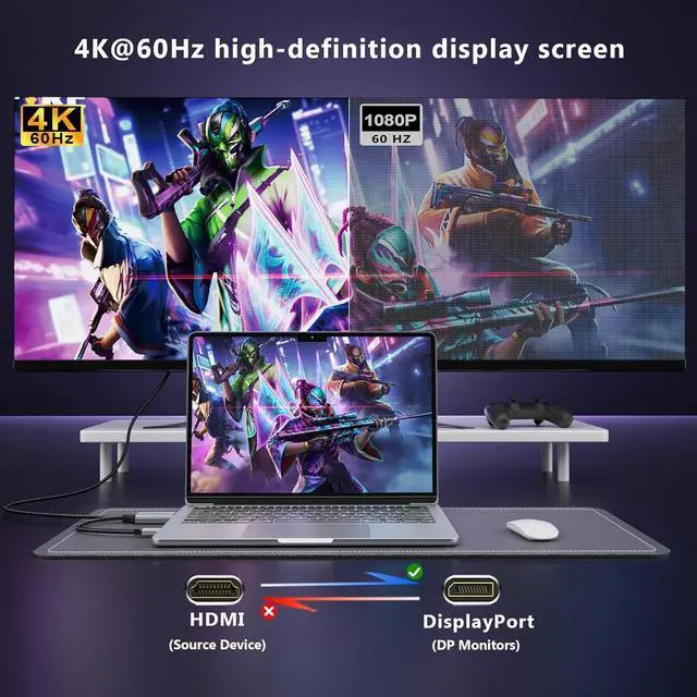 Alt view image 2 of 7 - Active HDMI to DisplayPort Cable 4K@60Hz 1080P@120Hz 6FT Uni-Directional HDMI (Source) to DP (Display) Braided Cord Compatible with PC Laptop AMD NVIDIA PS5 Xbox