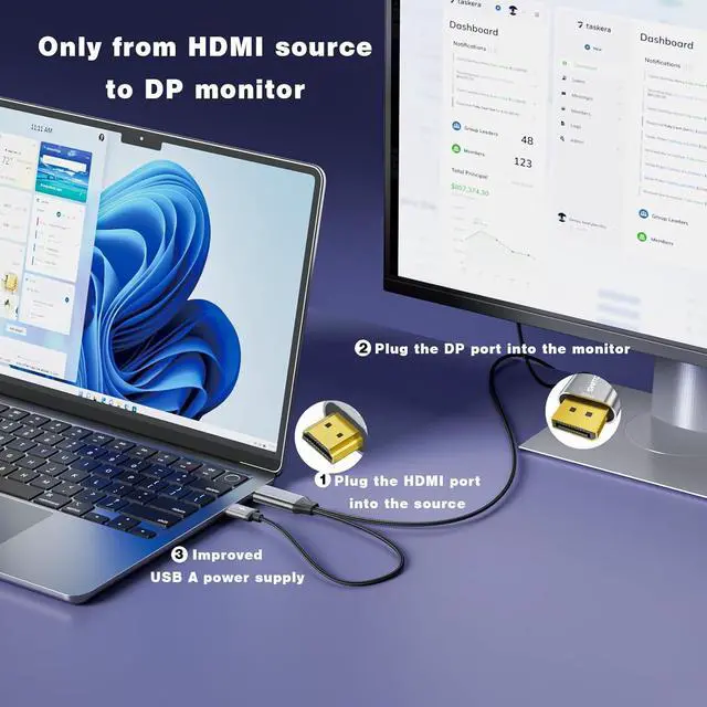 Alt view image 4 of 7 - Active HDMI to DisplayPort Cable 4K@60Hz 1080P@120Hz 6FT Uni-Directional HDMI (Source) to DP (Display) Braided Cord Compatible with PC Laptop AMD NVIDIA PS5 Xbox