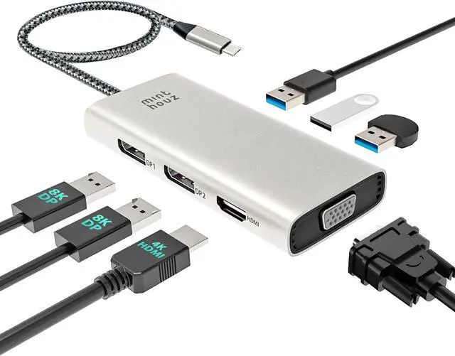 Main image of Minthouz USB-C Docking Station 7-in-1 Quad Display Laptop Multiport Adapter, 4K HDMI, Dual 8K DP, VGA, 3×USB2.0 Ports & USB Dongle for MacBook Pro/Air, iPad Pro, iMac, iPhone 16 Pro/Pro Max, ThinkPad
