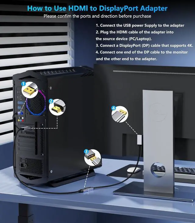 Alt view image 7 of 7 - Active HDMI to DisplayPort Adapter | 4K@60Hz Converter Unidirectional HDMI Source to DP Display HDR Compatible with Laptop AMD NVIDIA PS5 Xbox and More