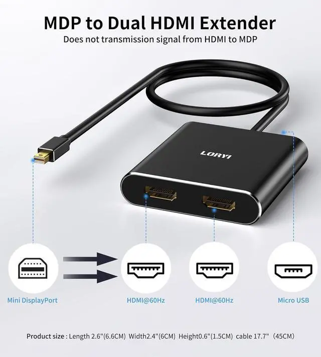 Alt view image 7 of 7 - Mini DisplayPort to Dual HDMI Adapter 4K@60Hz MDP 1.2 to 2 HDMI Splitter Dual hdmi Output Supports Extended Mode and Mirror Mode Compatible with Laptops PCs Monitors Projectors for Windows