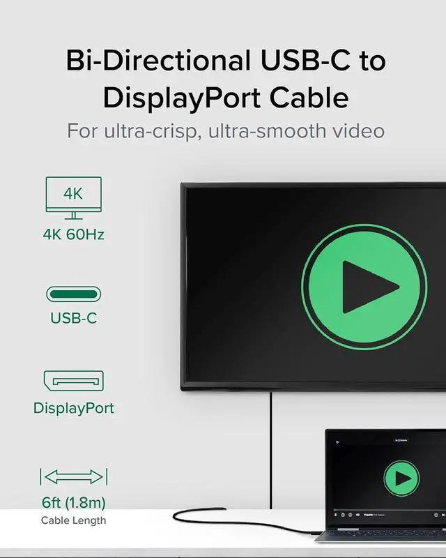 Alt view image 2 of 6 - USB C to DisplayPort Bi Directional Cable 6 feet (1.8m) Up to 4K at 60Hz USB C DisplayPort Cable - Compatible with Thunderbolt and USB-C - Driverless