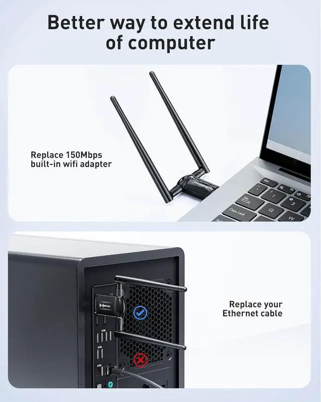 Alt view image 4 of 7 - USB WiFi Adapter for Desktop PC - 1800Mbps 5.8G/2.4G Wi-Fi 6 USB 3.0 Wireless Adapter with 2x5dBi Antenna WiFi Dongle for Desktop PC Laptop 802.11ax Internet Network Card for Win11/10