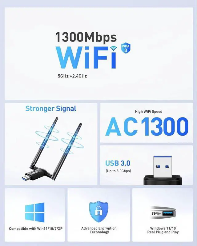 Alt view image 2 of 7 - USB WiFi Adapter for Desktop PC - 1300Mbps Wi-Fi 5G 2.4G USB 3.0 Wireless Adapter with WiFi Antenna for Win11/10/7 WiFi Dongle for Desktop PC Laptop Internet Network Wi-Fi Card