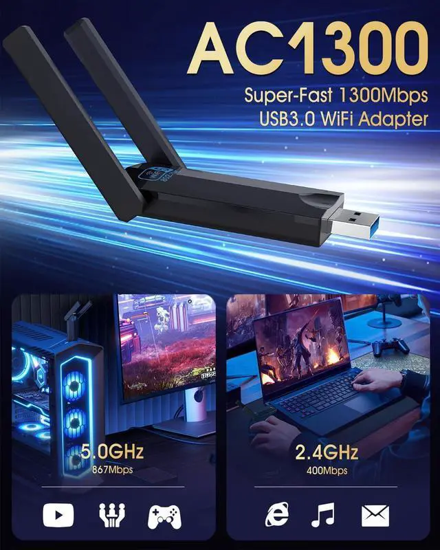 Alt view image 2 of 7 - Wireless USB 3.0 WiFi Adapter for Desktop PC AC 1300Mbps USB WiFi Dual-Band Network Adapter for PC with 400Mbps/2.4G 867Mbps/5G Dual 5Dbi Antennas Wireless WiFi Dongle for Windows11/10/8/7/Vista/XP