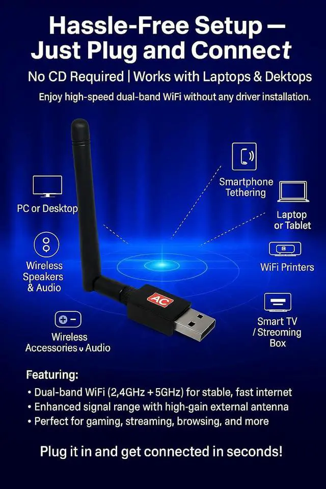 Alt view image 5 of 7 - AC600 Mbps Dual Band Internet USB WiFi Adapter for desktop PC 2.4/5GHz, Desktop-Laptop wifi adapter Wireless Receiver Network Dongle with Antenna, Compatible with Windows11.10/8/7/XP/VISTA, MAC, LINUX