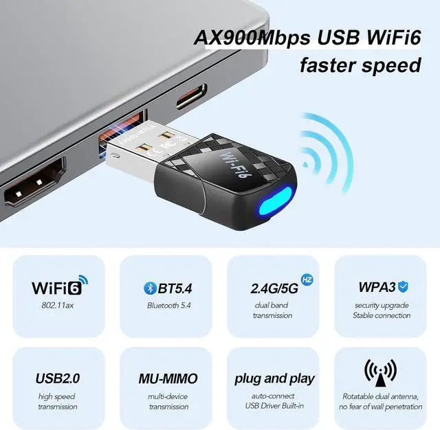 Alt view image 2 of 7 - AX900Mbps USB WiFi 6 Adapter for PC 2-in-1 Bluetooth 5.4 WiFi Adapter.2.4G/5G Dual-Band Wireless Network Transceiver Adapter for Laptop Desktop WPA3 Supports Windows 11/10 Black