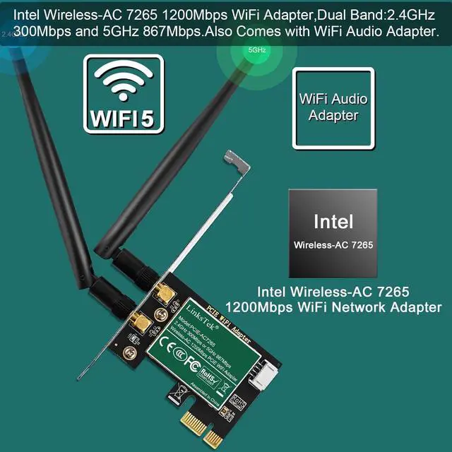 Alt view image 2 of 7 - Wireless-AC 1200Mbps (2.4GHz 300Mbps and 5GHz 867Mbps) PCIE WiFi Adapter PCIE WiFi Card Intel Wireless-AC 7265 Network Adapter for Windows 11 10 8.x 7 (32/64bit) Desktop PCs (PCIE-AC7265)