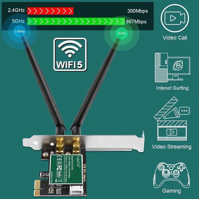 Alt view image 3 of 7 - Wireless-AC 1200Mbps (2.4GHz 300Mbps and 5GHz 867Mbps) PCIE WiFi Adapter PCIE WiFi Card Intel Wireless-AC 7265 Network Adapter for Windows 11 10 8.x 7 (32/64bit) Desktop PCs (PCIE-AC7265)