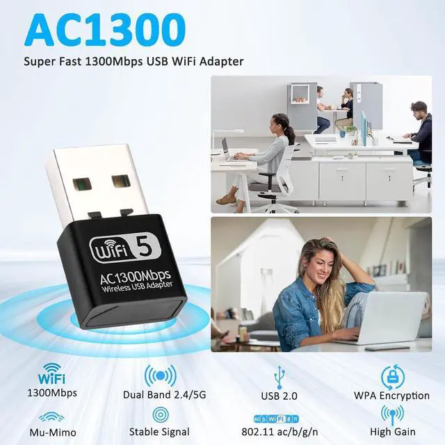 Alt view image 2 of 7 - 1300Mbps USB WiFi Adapter for PC-Tiny Size Wireless Network Adapter for Desktop with Dual Band 2.4GHz 5GHz MU-MIMO WiFi Dongle Supports Win11/10/8.1/8/7/XP Mac OS 10.9-10.15