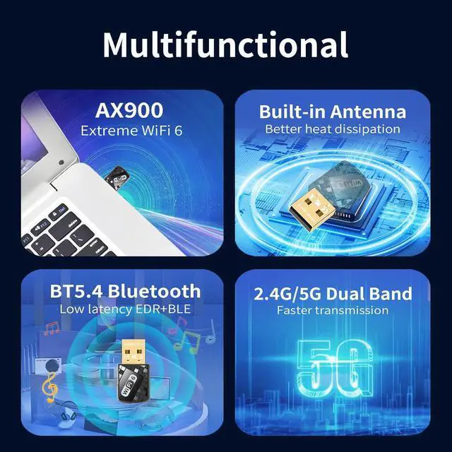 Alt view image 4 of 7 - WiFi Adapter USB WiFi Adapter for Desktop PC & Bluetooth 5.4(EDR+BLE) 2-in-1 900Mbps Dual Band (2.4GHz+5GHz) 802.11ax Wireless with Soft Blue Light Plug-and-Play for PC/Laptop/Printers (Win 10/11)