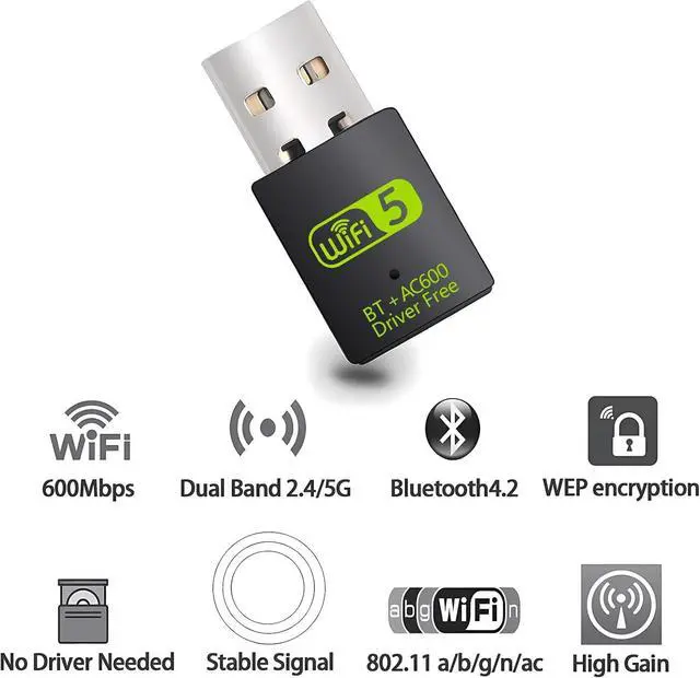 Alt view image 2 of 7 - USB WiFi Bluetooth Adapter, 600Mbps Dual Band 2.4/5Ghz Wireless Network External Receiver, Mini WiFi Dongle for PC/Laptop/Desktop