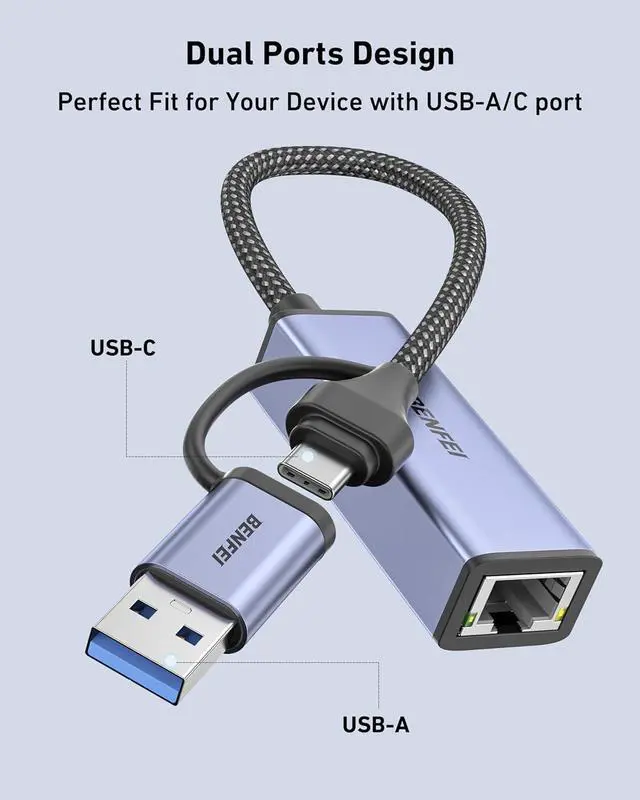 Alt view image 3 of 7 - USB 3.0 to Ethernet Adapter USB C to RJ45 Gigabit LAN (1000Mbps) Network Adapter Compatible with MacBook/Pro/Air Surface Pro Windows 11/10/8/7 Mac OS [Aluminium Shell&Nylon Cable]