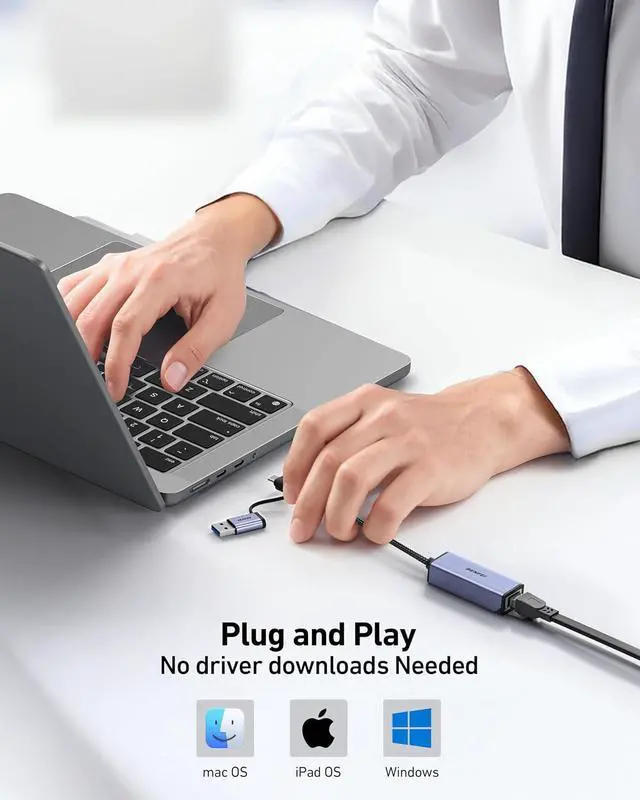 Alt view image 5 of 7 - USB 3.0 to Ethernet Adapter USB C to RJ45 Gigabit LAN (1000Mbps) Network Adapter Compatible with MacBook/Pro/Air Surface Pro Windows 11/10/8/7 Mac OS [Aluminium Shell&Nylon Cable]
