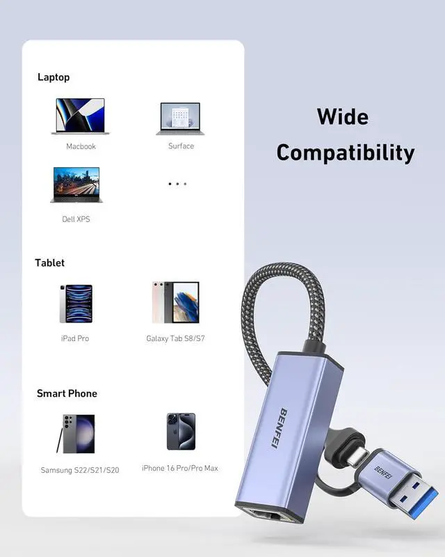 Alt view image 7 of 7 - USB 3.0 to Ethernet Adapter USB C to RJ45 Gigabit LAN (1000Mbps) Network Adapter Compatible with MacBook/Pro/Air Surface Pro Windows 11/10/8/7 Mac OS [Aluminium Shell&Nylon Cable]