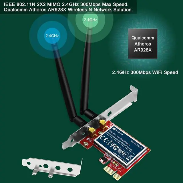 Alt view image 2 of 7 - Wireless N 2.4GHz 300Mbps PCIE Wireless Network Adapter for Windows 11 10 8.1 8 7 XP (32/64bit) Windows Server and Linux PCs PCIE WiFi Card PCIE WiFi Adapter (FS-N300)