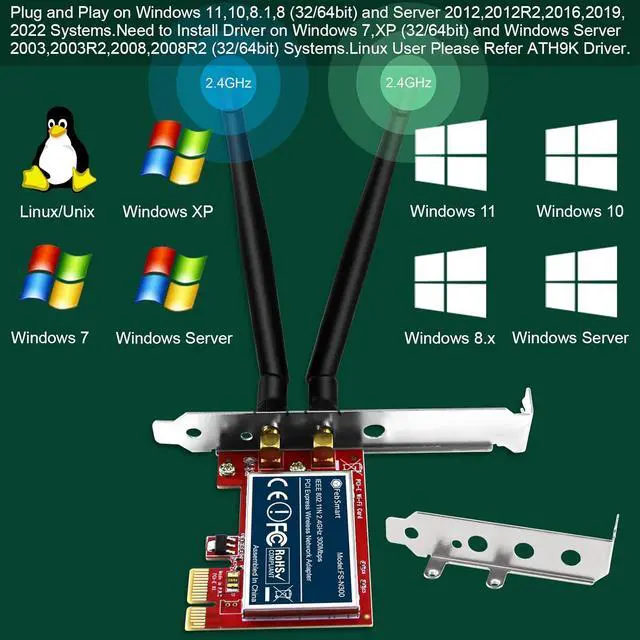 Alt view image 4 of 7 - Wireless N 2.4GHz 300Mbps PCIE Wireless Network Adapter for Windows 11 10 8.1 8 7 XP (32/64bit) Windows Server and Linux PCs PCIE WiFi Card PCIE WiFi Adapter (FS-N300)