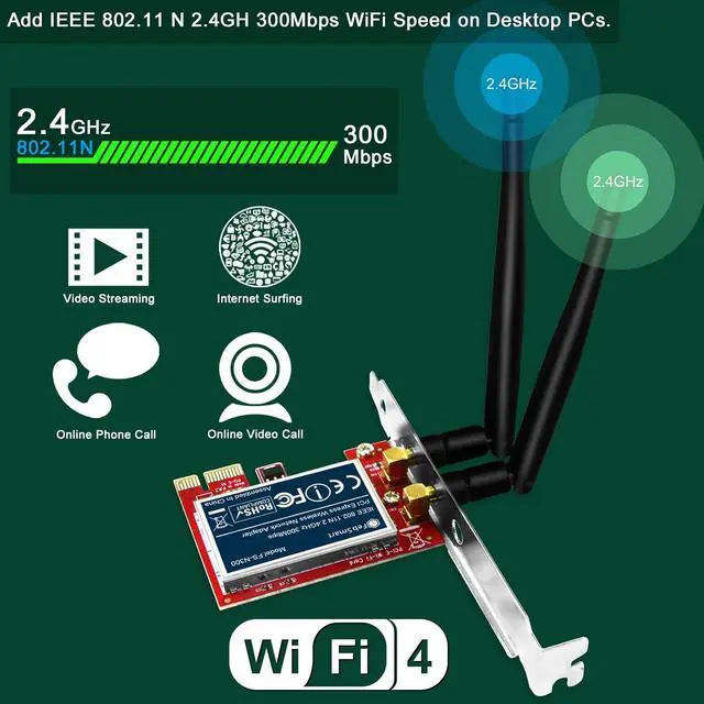 Alt view image 3 of 7 - Wireless N 2.4GHz 300Mbps PCIE Wireless Network Adapter for Windows 11 10 8.1 8 7 XP (32/64bit) Windows Server and Linux PCs PCIE WiFi Card PCIE WiFi Adapter (FS-N300)