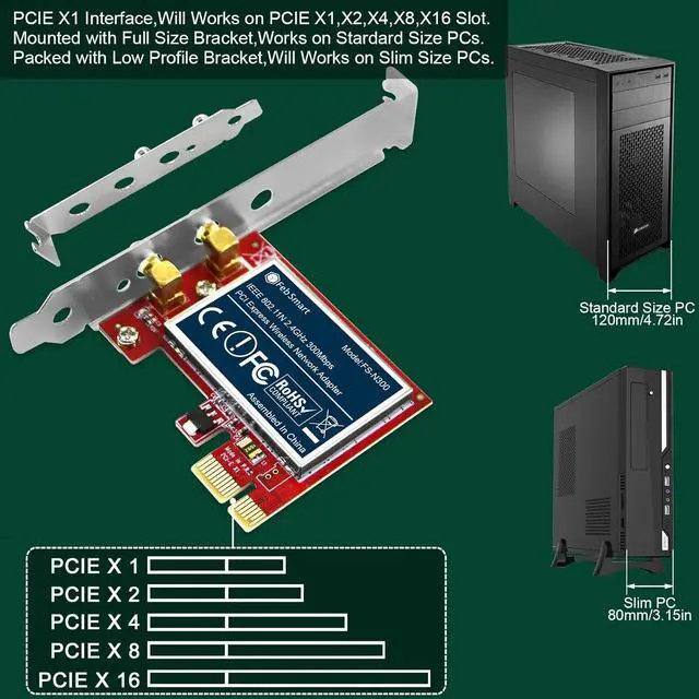 Alt view image 6 of 7 - Wireless N 2.4GHz 300Mbps PCIE Wireless Network Adapter for Windows 11 10 8.1 8 7 XP (32/64bit) Windows Server and Linux PCs PCIE WiFi Card PCIE WiFi Adapter (FS-N300)