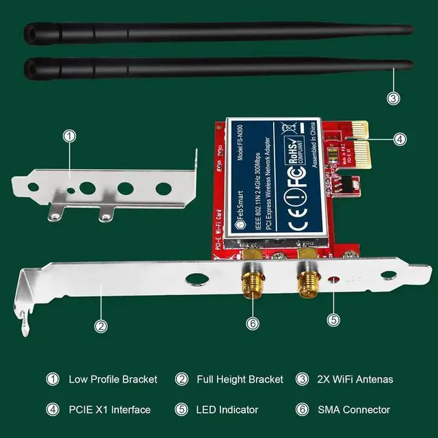 Alt view image 7 of 7 - Wireless N 2.4GHz 300Mbps PCIE Wireless Network Adapter for Windows 11 10 8.1 8 7 XP (32/64bit) Windows Server and Linux PCs PCIE WiFi Card PCIE WiFi Adapter (FS-N300)
