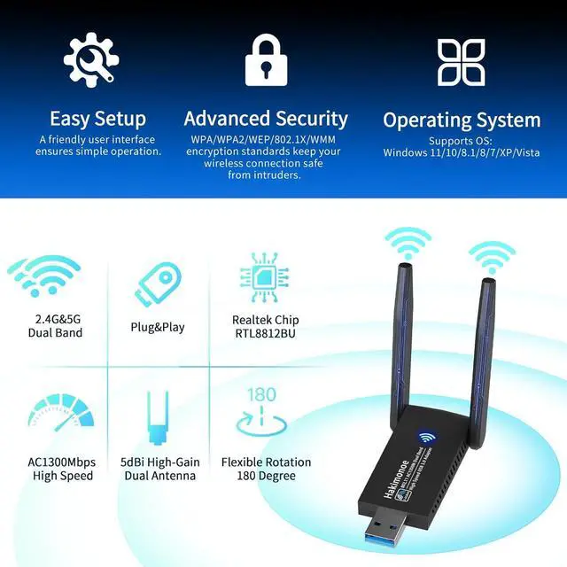 Alt view image 6 of 7 - USB 3.0 WiFi Adapter for PC Desktop, AC1300Mbps Dual Band 2.4G 5G Wireless Network WiFi Dongle Enhanced Antenna for Laptop Computer Windows11 10 8.1 8 7 Vista XP, Plug n Play w/USB Driver