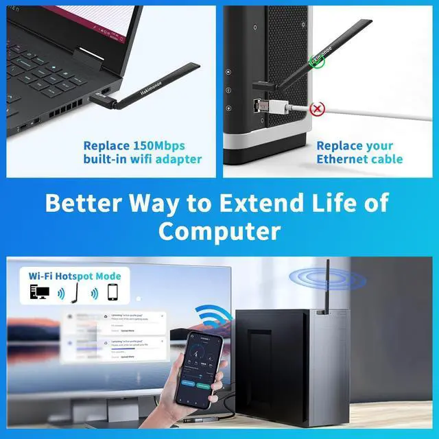 Alt view image 6 of 7 - WiFi USB Adapter for PC Desktop Wi-Fi 6 AX900Mbps Dual Band 5GHz 2.4GHz Wireless Network Dongle 5dBi High Gain Antenna WPA3 for Win 11 10 7 Laptop Computer Plug n Play w/Auto Driver