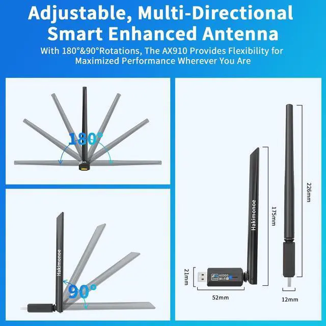 Alt view image 7 of 7 - WiFi USB Adapter for PC Desktop Wi-Fi 6 AX900Mbps Dual Band 5GHz 2.4GHz Wireless Network Dongle 5dBi High Gain Antenna WPA3 for Win 11 10 7 Laptop Computer Plug n Play w/Auto Driver