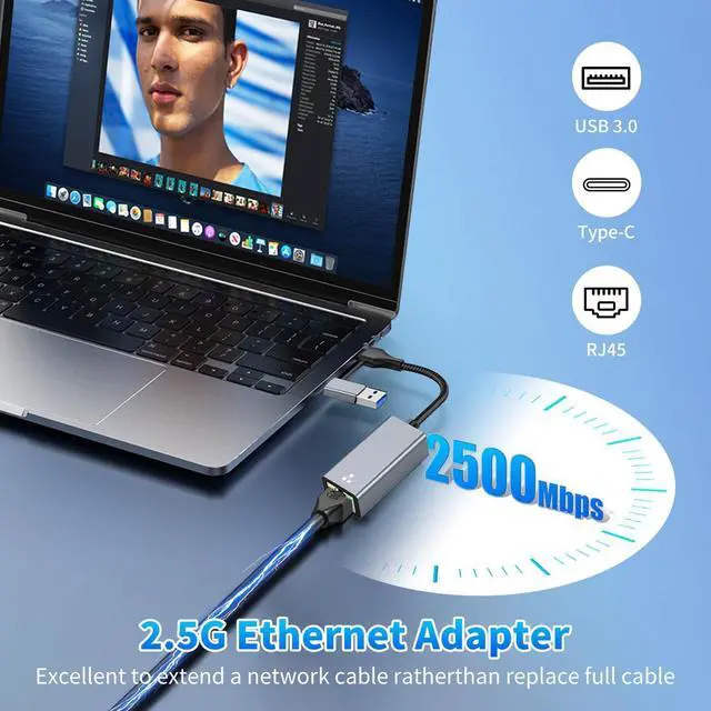 Alt view image 2 of 7 - 2-in-1 USB C to Ethernet Adapter2.5Gbps with USB A 3.0 Port  Gigabit RJ45 Converter Plug & Play 1Gbps Wired Internet + 5Gbps Data Transfer Compatible with MacBook iPad Pro Windows