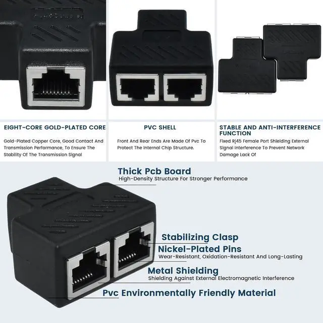 Alt view image 3 of 7 - 2 Pcs RJ45 Splitter Adapter Ethernet Splitter 1 to 2 LAN Splitter Adapter for Cat5 Cat5e Cat6 Cat7 Cable (2 Devices Simultaneously Networking)