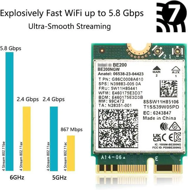 Alt view image 3 of 7 - M.2 WiFi 7 Card Key E BE200 Wireless BT5.4 WiFi Network Adapter 2.4G/5G/6GHz 9.3Gbps for WiFi7/WiFi6E/WiFi6/WiFi5 Router Gaming PC Laptops Support Windows 10/11 Not Support AMD Motherboards