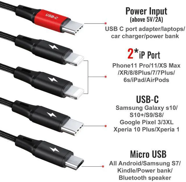 Alt view image 2 of 7 - 4 in 1 USB C Multi Charging Cable Nylon Braided Charger Cord with IP/Type C/Micro USB Compatible with Cell Phones/Tablets/Galaxy/Google Pixel//LG/Camera 4FT-2Pack